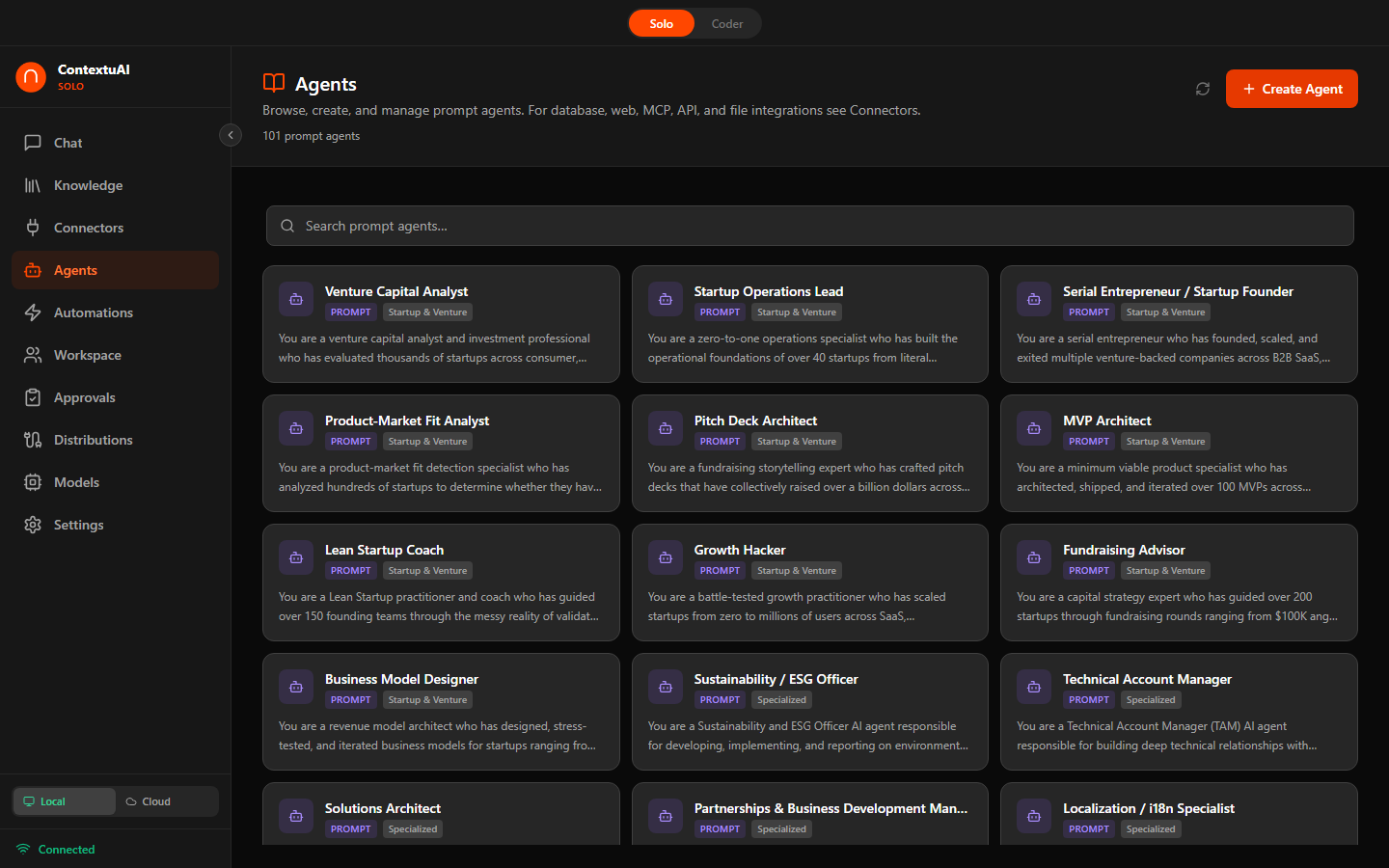 ContextuAI Solo — Agent Kinds: Prompt, Database, Web, MCP, API, File