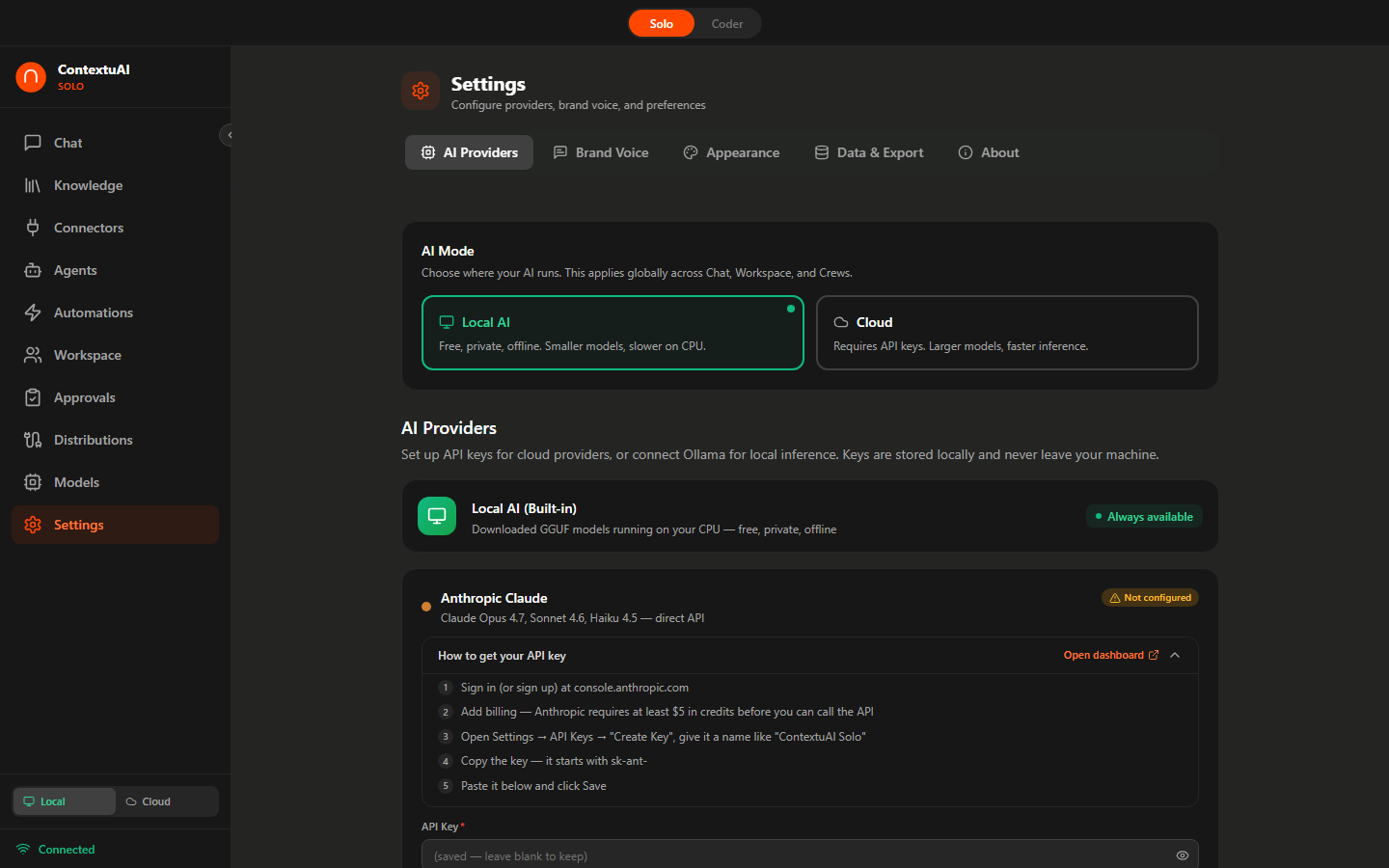 ContextuAI Solo — AI Provider Settings