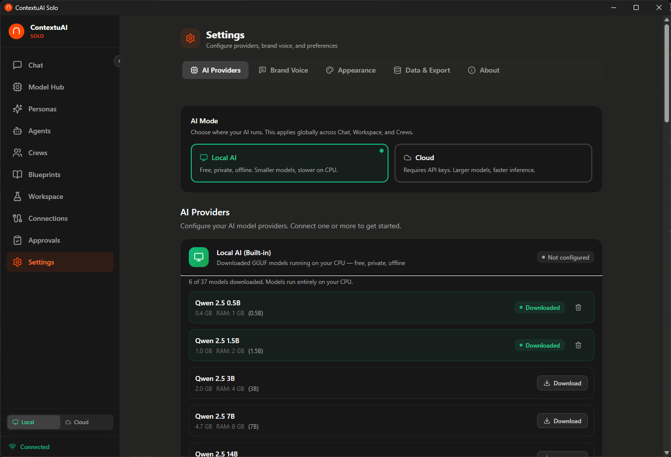 ContextuAI Solo — AI Providers & Local AI Settings